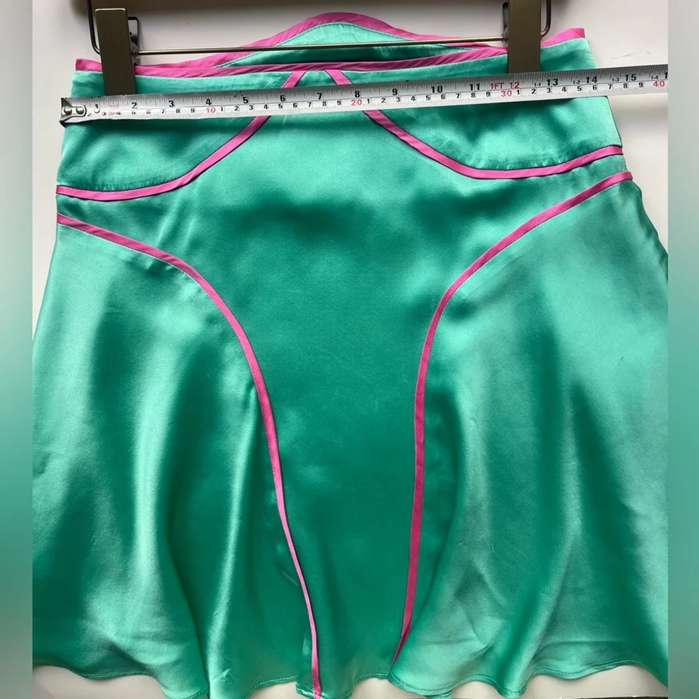 melt london Silk Flared Mini Skirt Teal & Pink Contrast Trim Y2K Tenniscore